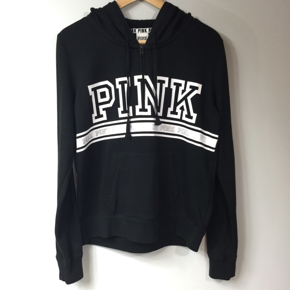 PINK Victoria's Secret Tops - PINK zip pullover hoodie black/white & silver Sz M